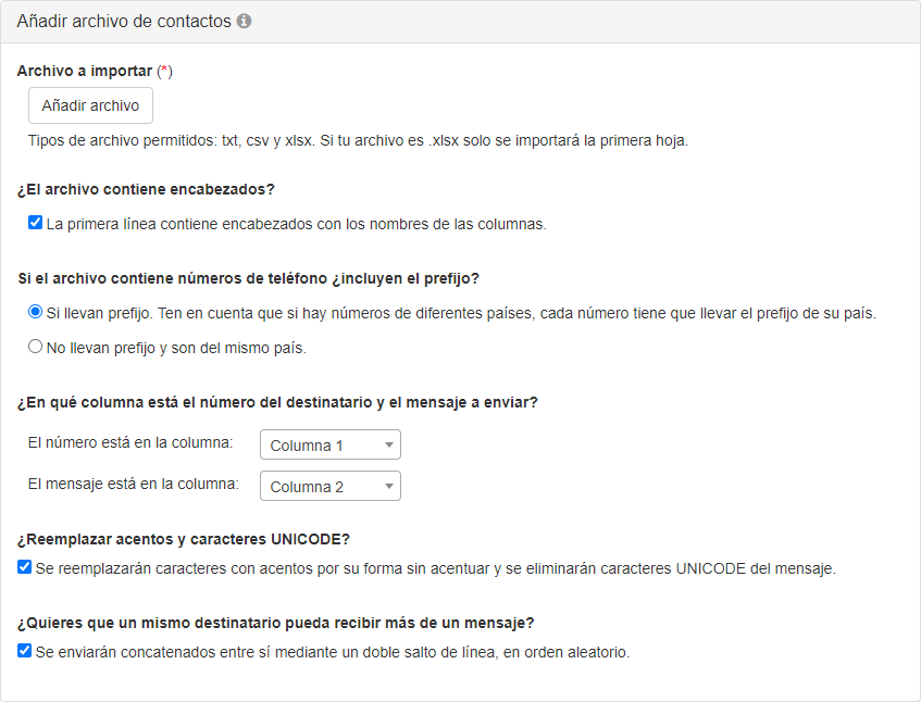 Añadir archivo de contactos - Mensagia