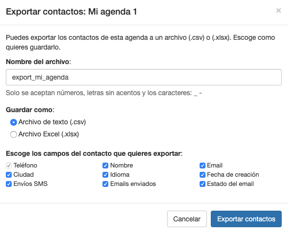 Exportar contactos - Mensagia